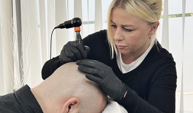 Spezialistin pigmentiert einen männlichen Patienten als Teil des Haarpigmentierung Ablauf